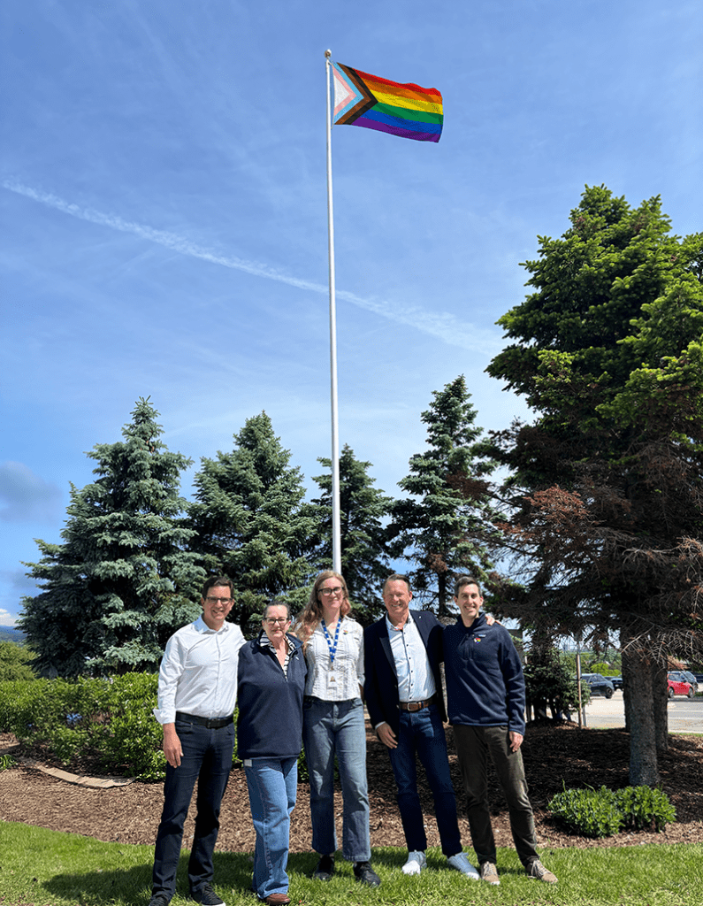 Maple Leaf Foods’ 2026 Pride Flag Raising – COO Adam Grogan, Pride and Allies co-leads Guyanne Sauvé and Ava Wright, CEO Curtis Frank, David Alexander